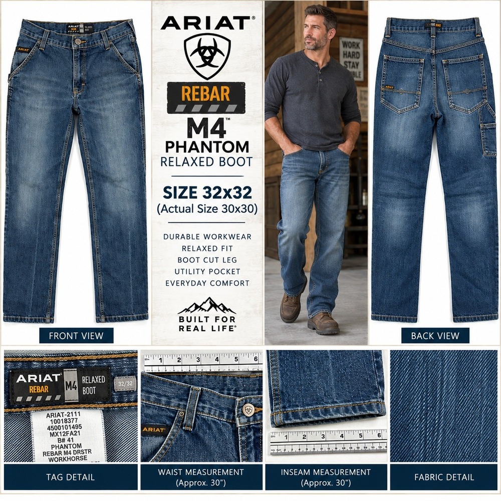Ariat Rebar M4 Workhorse Jeans Mens 32x32 Phantom Relaxed Boot DuraStretch #1932